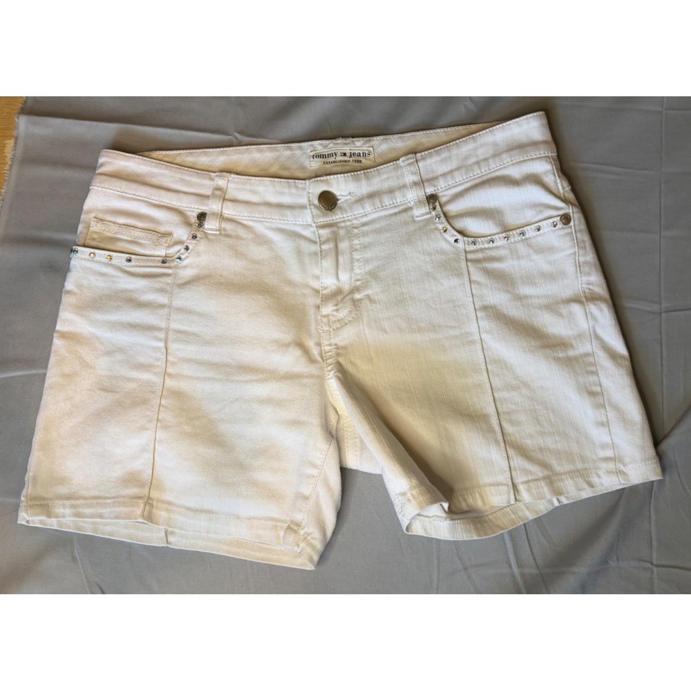 Tommy Jeans White Rhinestone Denim Shorts Y2K 2005 Women's Size 5 Low Rise‎